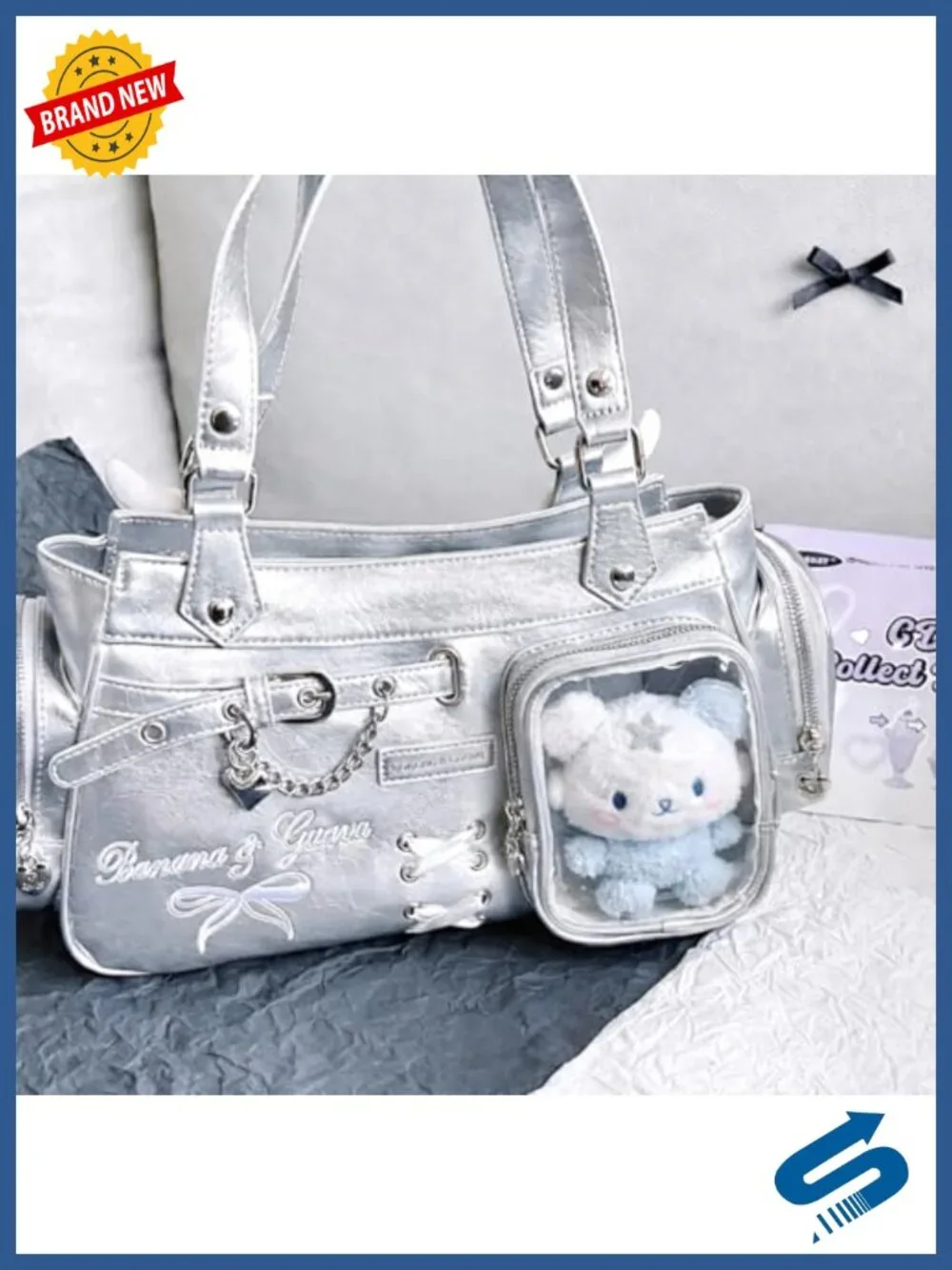 Double-Sided Ita Bag with Transparent Display Compartments, Crossbody Tote for